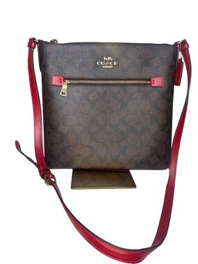 Coach Rowan Red & Brown File Coated Canvas with Gold Hardware NWOT